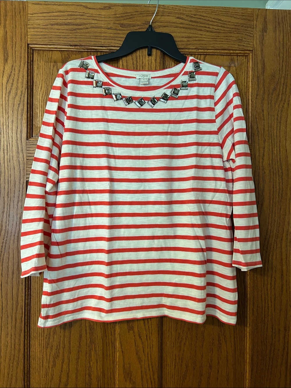 J. Crew Red & White Striped Embellished Boatneck Top